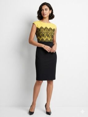 She's Yellow and Black Lace-Accent Pencil Skirt Dress